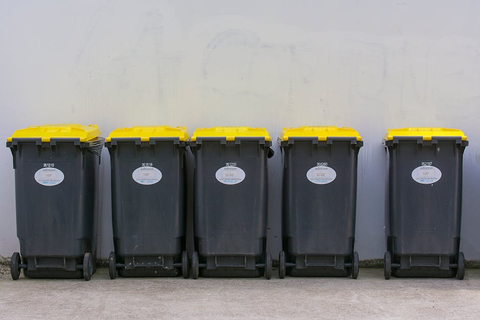 A row of five large, black wheeled trash bins with yellow lids, positioned against a plain, off-white wall. Each bin features a white oval label with a barcode and some printed text, and they are aligned closely on a concrete surface. The environment appears to be an outdoor area, possibly a residential or commercial waste collection point, with no visible surrounding objects or landscaping. The bins are used for rubbish disposal, indicative of an independent waste management service such as the one provided by Waste Disposal Bayswater, supporting alternative rubbish collection methods. The scene is evenly lit, with natural light highlighting the slightly textured surfaces of the plastic bins and the smooth wall behind them, emphasizing the functional aspect of waste storage and disposal in a professional context.